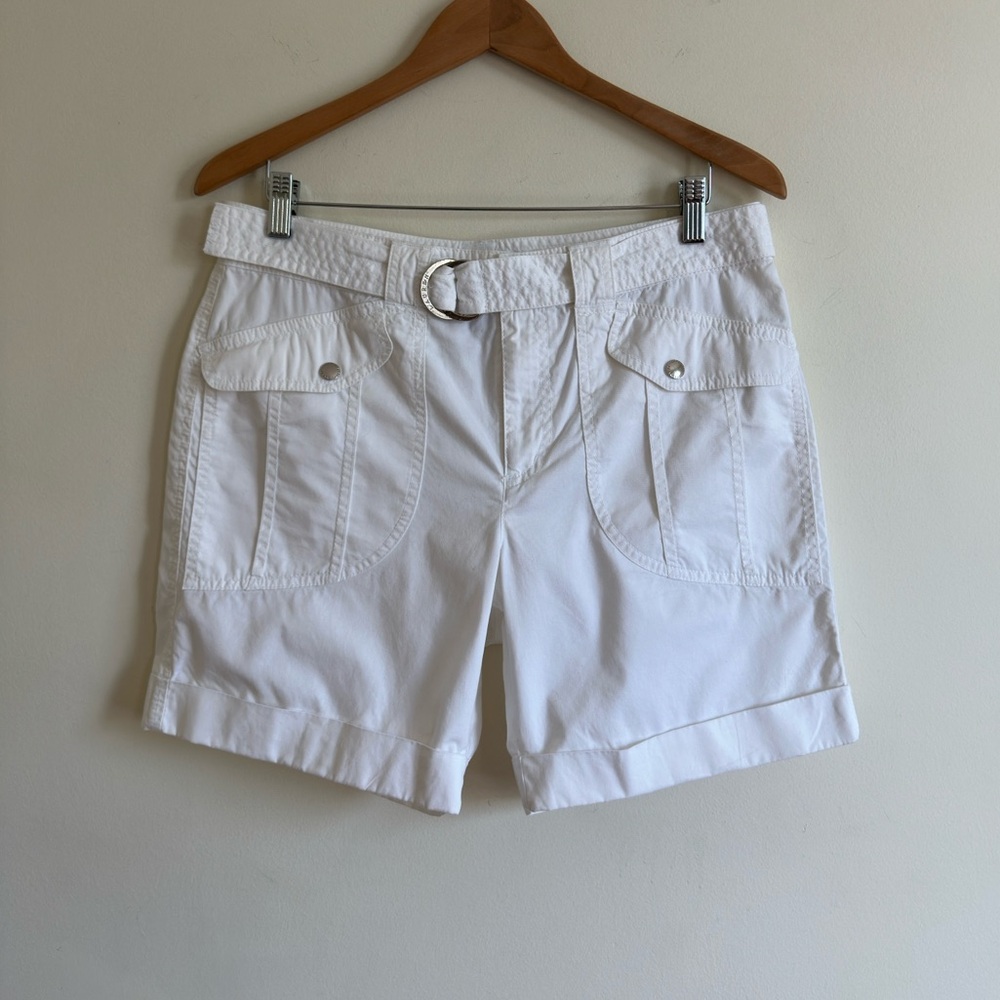 Lauren Ralph Lauren || white Shorts White Cuffed Cotton Belted Silver Ring Sz 12
